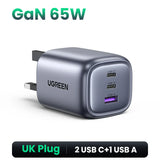 UGREEN 65W GaN charger with UK plug and three USB ports (two USB-C, one USB-A).