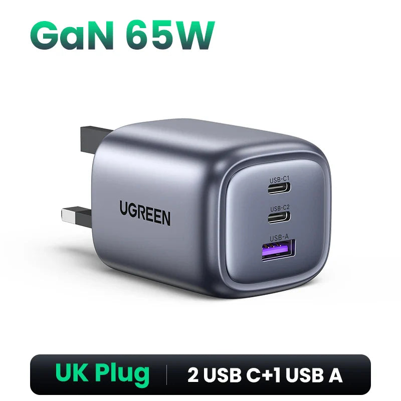 UGREEN 65W GaN charger with UK plug and three USB ports (two USB-C, one USB-A).