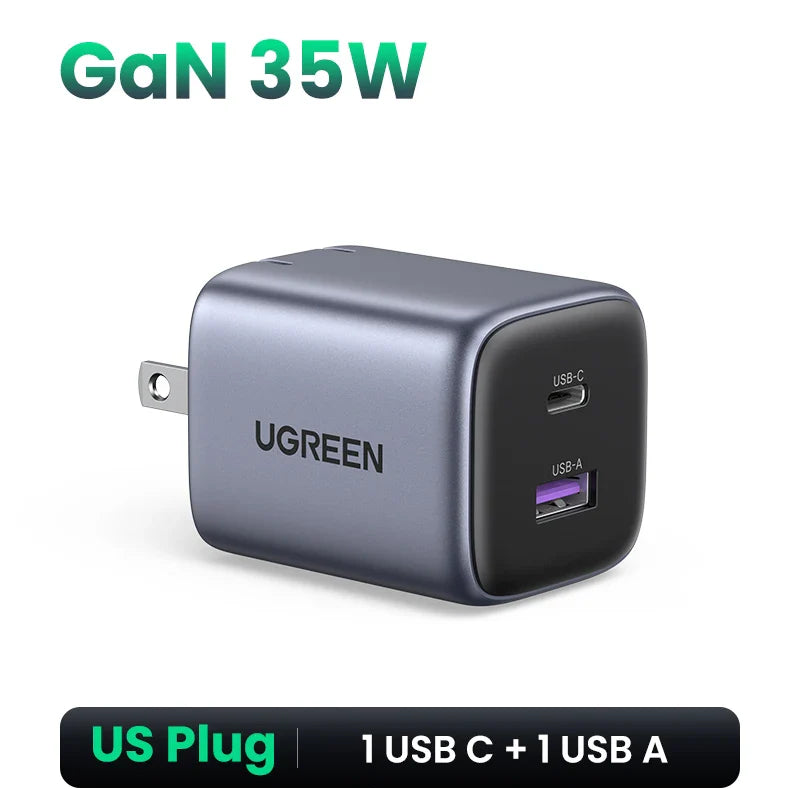 UGREEN GaN 35W USB-C charger with dual ports for US plug outlets.