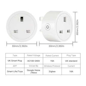 UK smart plug with dimensions and specifications.