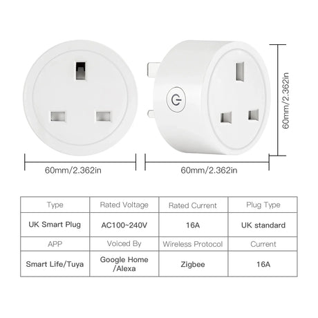 UK smart plug with dimensions and specifications.