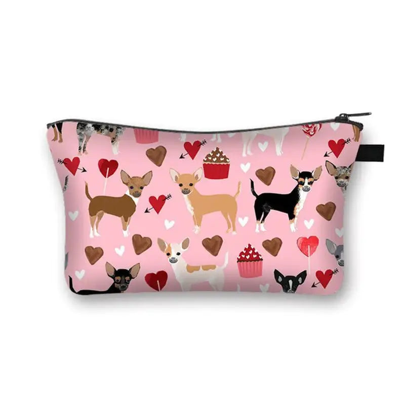 a pink cosmetic bag with a pattern of dogs and hearts