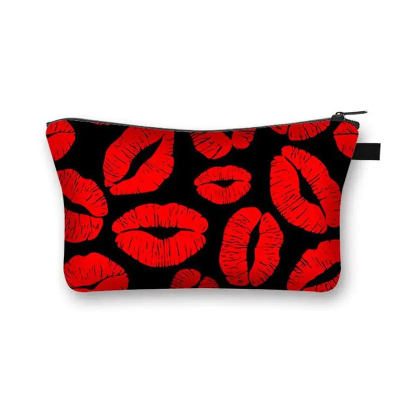red lips on black makeup bag