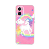 a pink phone case with a unicorn and rainbow