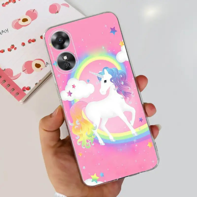 a unicorn phone case with a rainbow unicorn on it