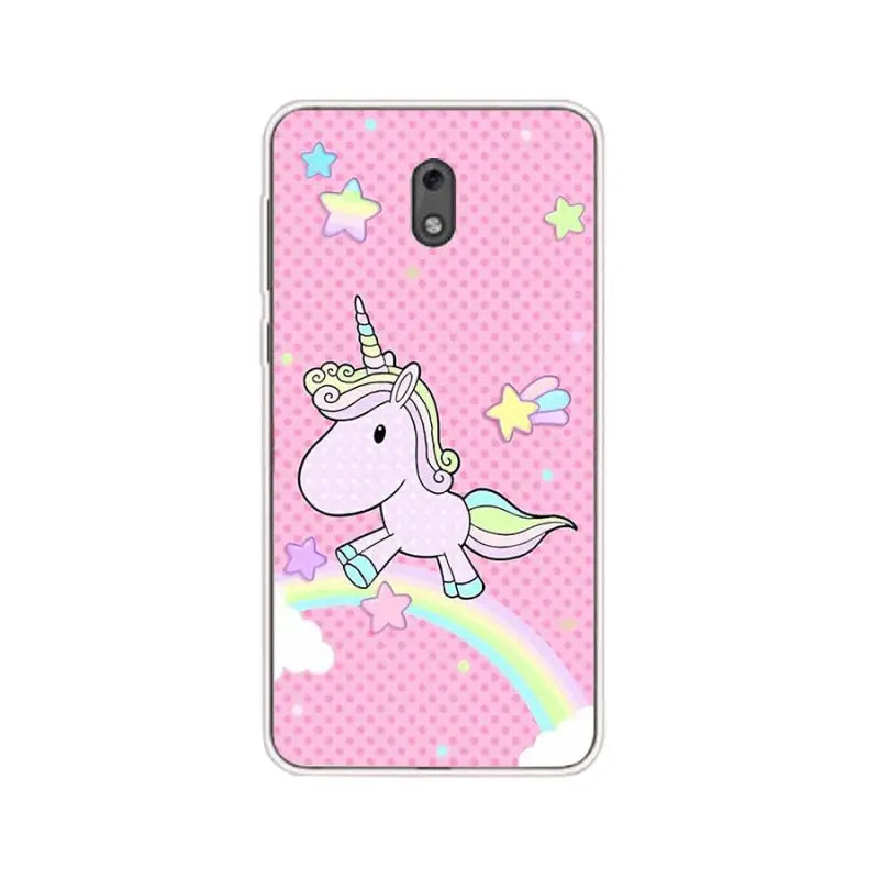 a pink phone case with a unicorn flying over a rainbow