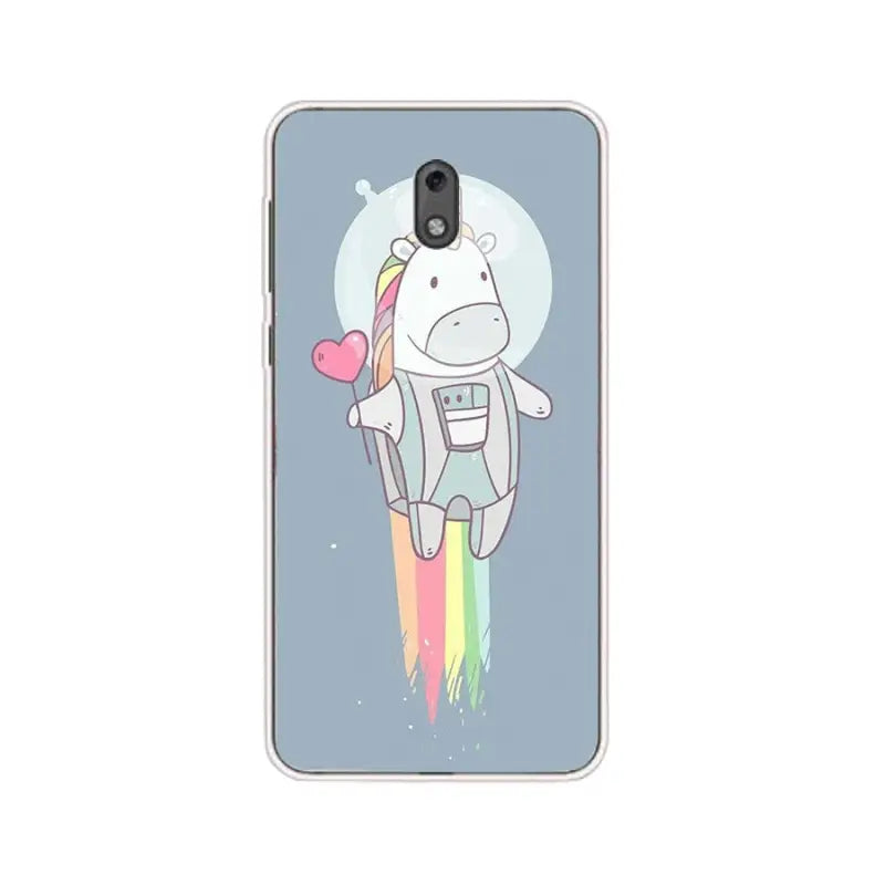 a white phone case with a cartoon unicorn riding a rocket