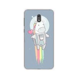 a white phone case with a cartoon unicorn riding a rocket