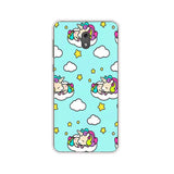 a blue phone case with unicorns and stars