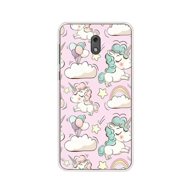 a pink phone case with unicorns and stars