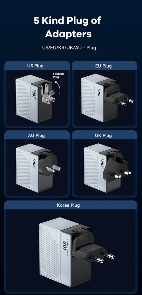 Universal travel adapter with interchangeable plugs for different countries.