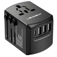 Universal travel adapter with multiple USB ports and international power socket.