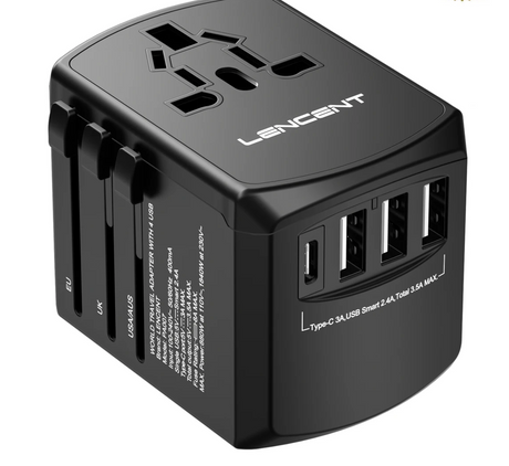 Universal travel adapter with multiple USB ports and international plug configurations.