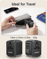 Universal travel adapter with multiple USB ports and international plug configurations.