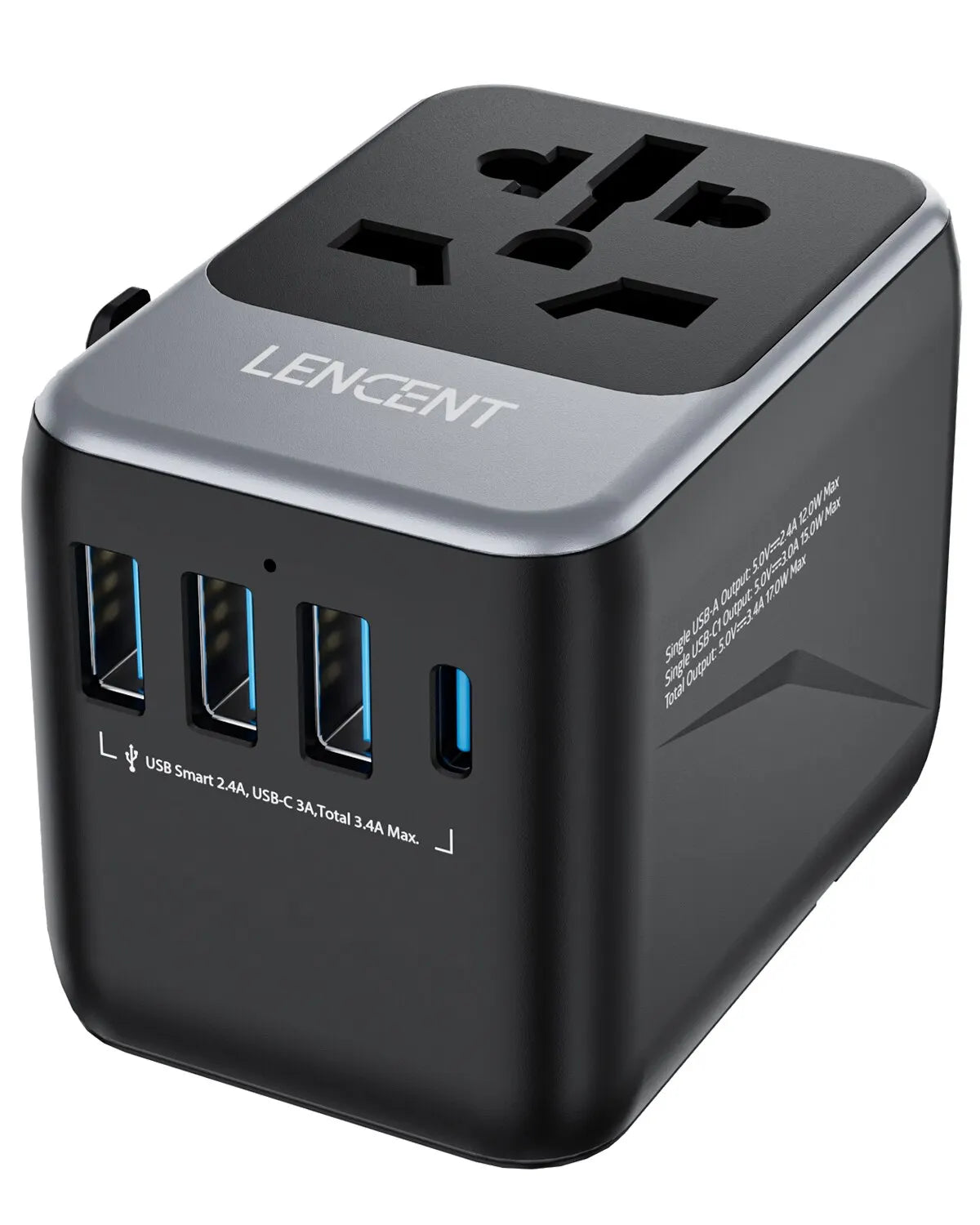 Universal travel adapter with multiple USB ports and international power socket.