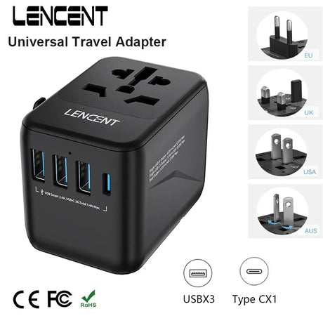 Universal travel adapter with multiple USB ports and interchangeable plug attachments for different countries.