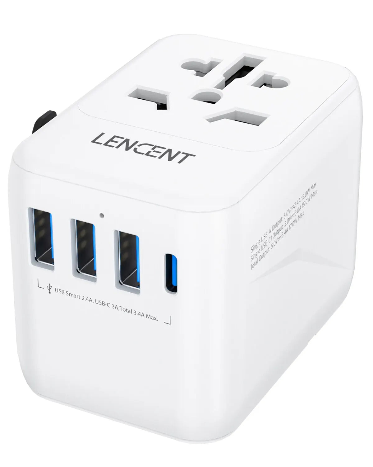 Universal travel adapter with multiple USB ports and power outlets.