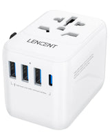 Universal travel adapter with multiple USB ports and power outlets.