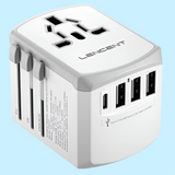 Universal travel adapter with multiple USB ports and international plug configurations.