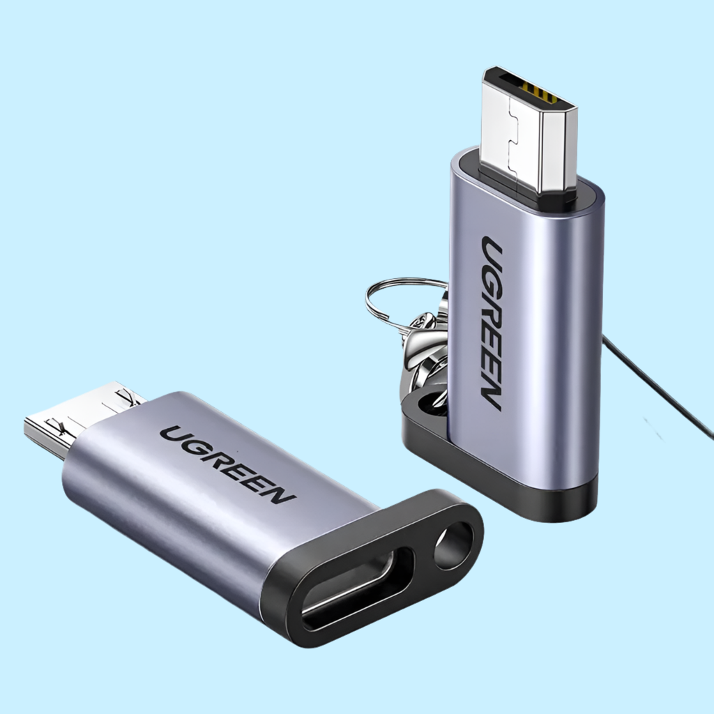 USB-C to USB-A adapter with a keyring attachment.