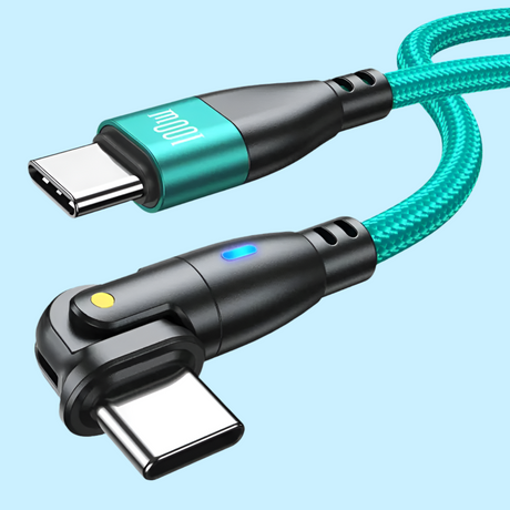 USB-C charging cable with angled connector and braided teal cord.