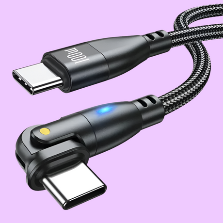 USB-C charging cable with angled connector and braided cord.