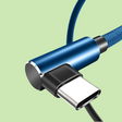 USB-C charging cable with a blue metallic connector and braided cord.