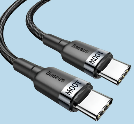 USB-C cable with braided black cord and metal connectors labeled ’100W’.