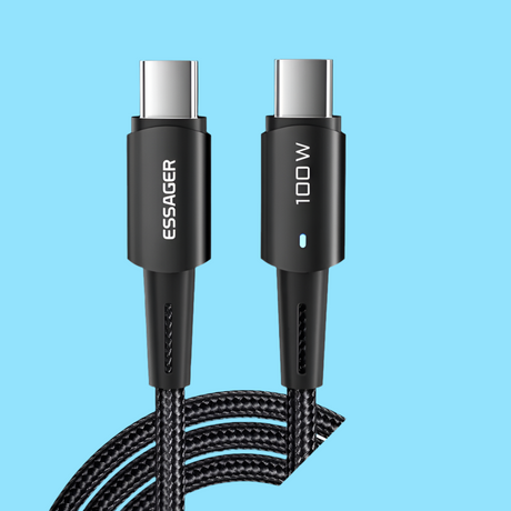 USB-C cable with braided black cord and connectors labeled ’ESSAGER’ and ’100W’.