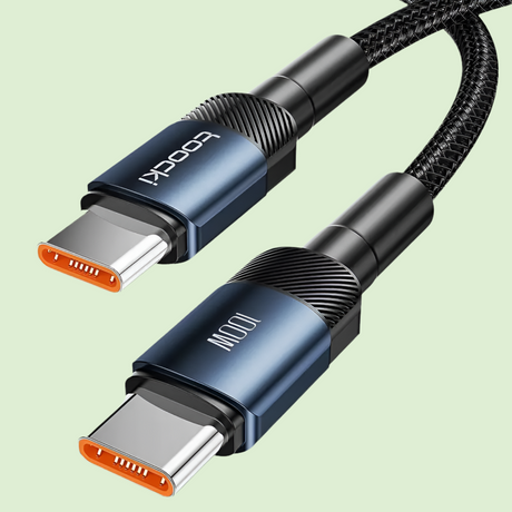 USB-C cable with braided black cord and blue metallic connectors.