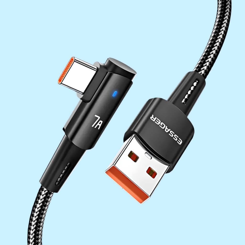 USB-C charging cable with braided nylon covering and angled connectors.
