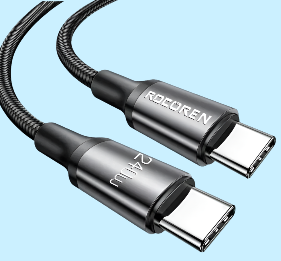 USB-C cable with braided nylon cord and metal connectors labeled ’RDFOREN’.