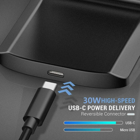 USB-C charging cable connected to a device, highlighting 30W high-speed power delivery capability.