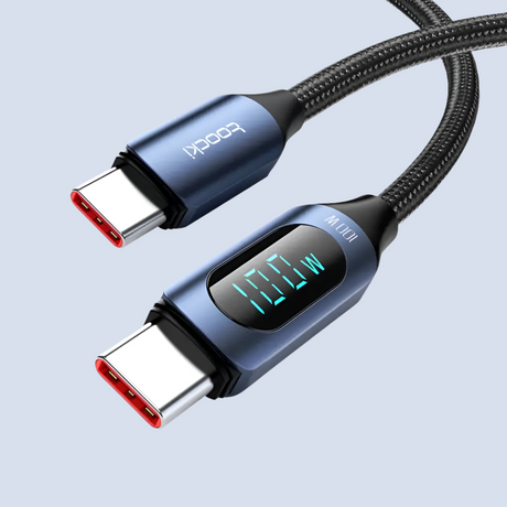 USB-C cable with a digital display showing power output.