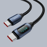 USB-C cable with digital display showing connection speed.