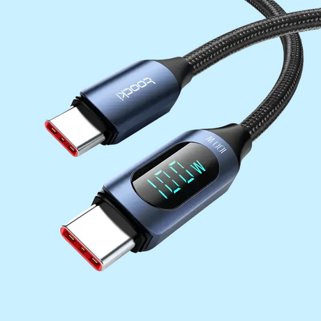 USB-C cable with a digital display showing power output.