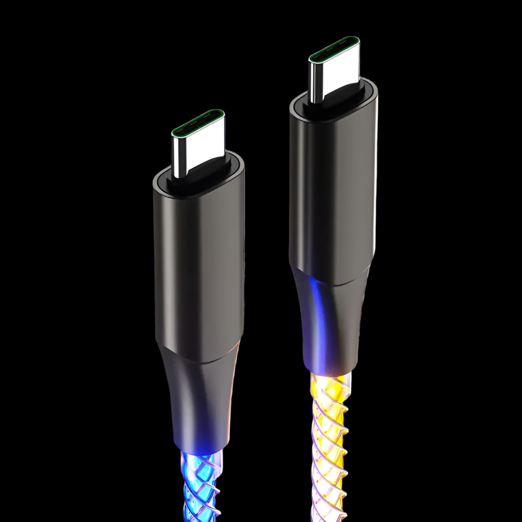 USB-C cable with illuminated braided cord and black connectors.