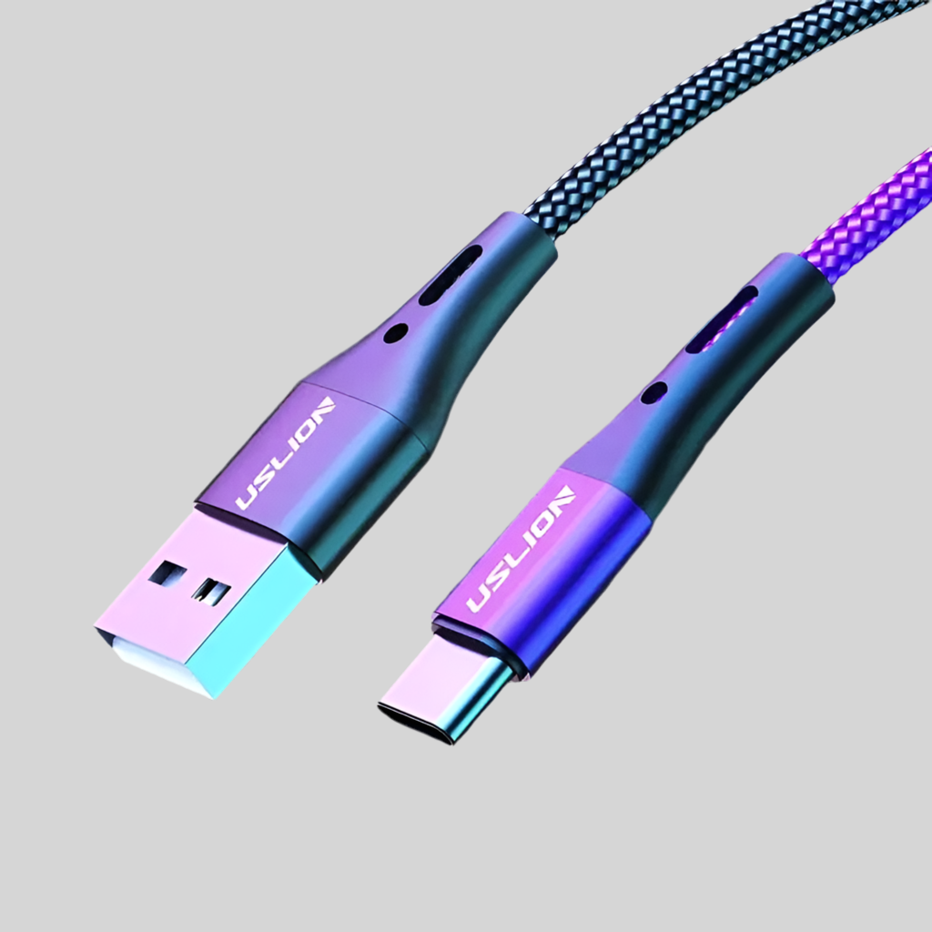 USB-C charging cable with iridescent metallic connectors and braided cord.