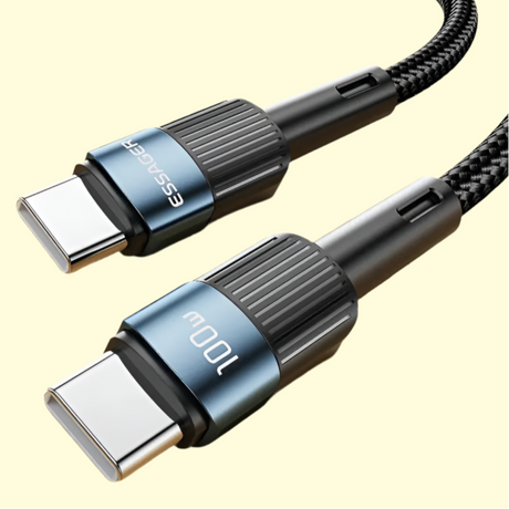 USB-C cable with metallic blue and black connectors on both ends.