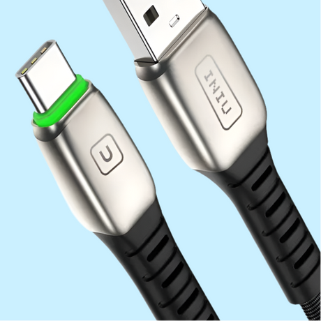 USB-C cable with metallic connectors and a black braided cord.