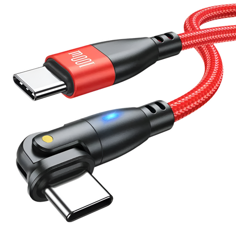 USB-C charging cable with a right-angled connector and red braided cord.