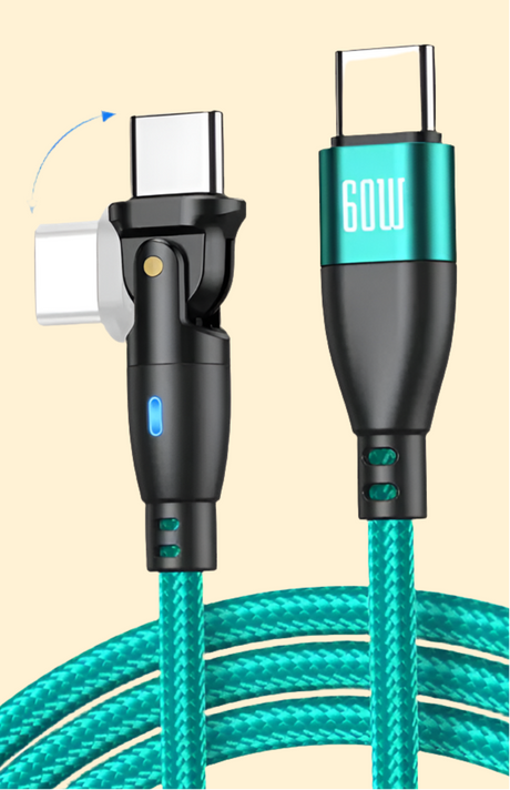 USB-C charging cable with teal braided cord and black connectors.