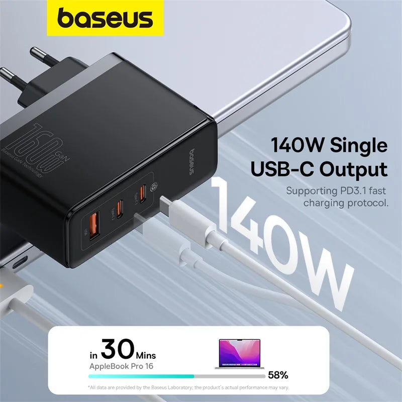 USB-C charger with 140W single output capability, featuring multiple ports and fast charging technology.