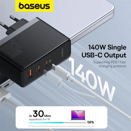 USB-C charger with 140W single output capability, featuring multiple ports and fast charging technology.