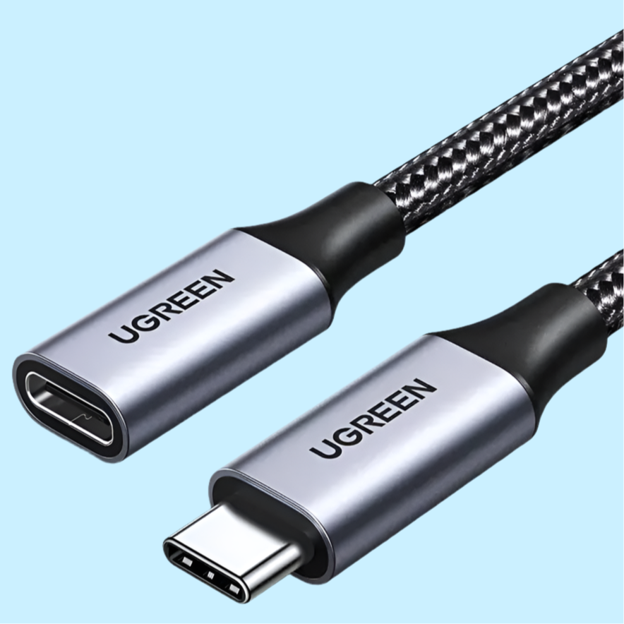 USB-C extension cable with braided cord and metallic connectors.