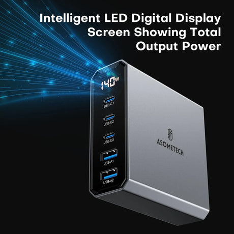 USB-C charging hub with an LED display showing power output and multiple ports.