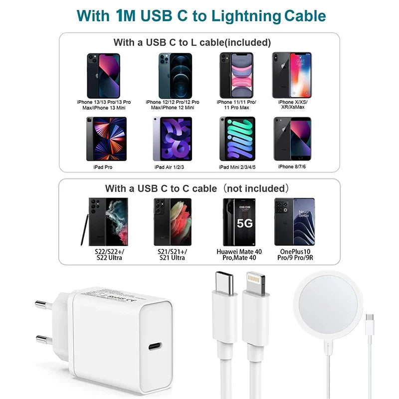 USB-C power adapter with included Lightning and USB-C cables for charging various Apple and Android devices.