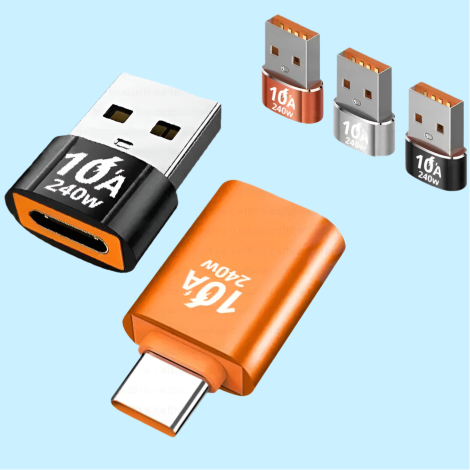 USB-C to USB-A adapter with accompanying small USB adapters in different colors.