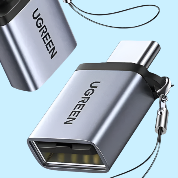 USB-C to USB-A adapter with ’UGREEN’ branding and a lanyard attachment.