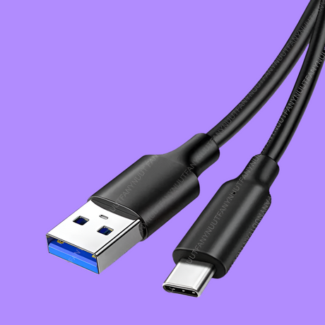 USB-C to USB-A cable with black connectors on a purple background.